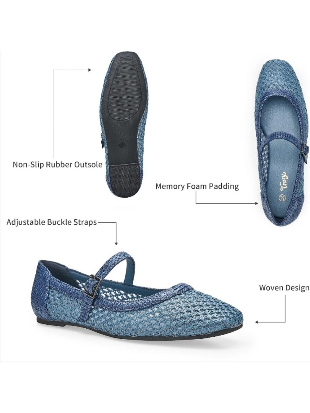 Women's Blue Woven Comfortable Ankle Strap Square Toe Mary Jane Ballet Flat - Picture 5 of 6